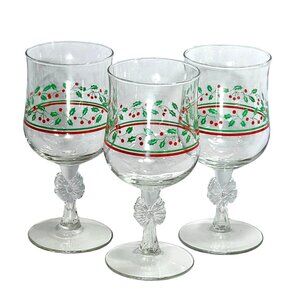 3 Arbys Christmas Bows Holly Water Wine Glasses 6.5" goblets 1980s bow stem